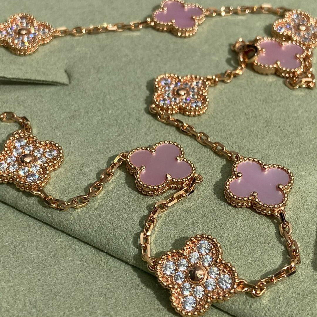 [Rosla]CLOVER 10 MOTIFS DIAMOND PINK MOP NECKLACE