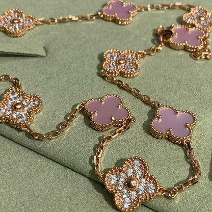 [Rosla]CLOVER 10 MOTIFS DIAMOND PINK MOP NECKLACE
