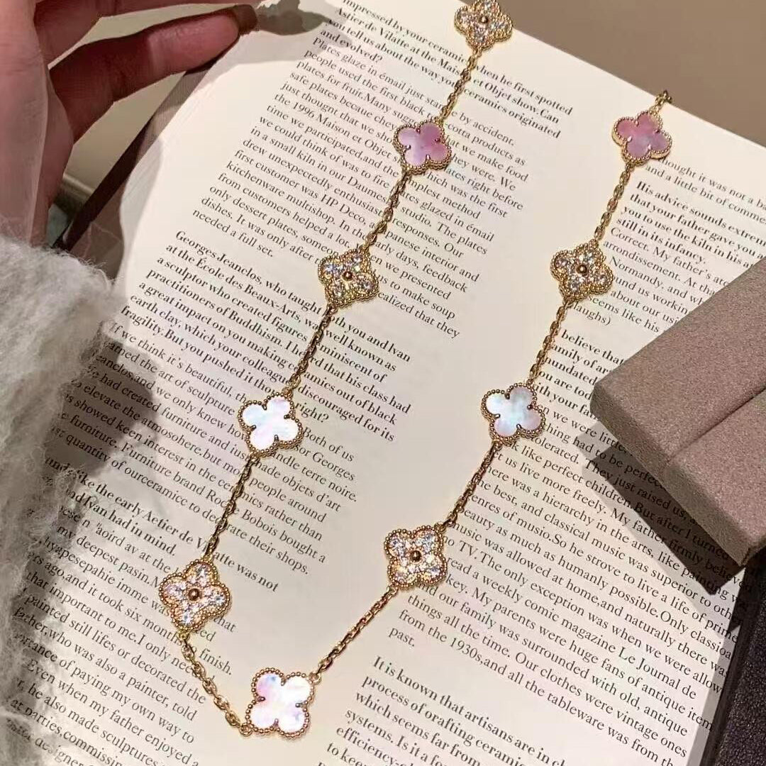 [Rosla]CLOVER 10 MOTIFS DIAMOND PINK MOP NECKLACE