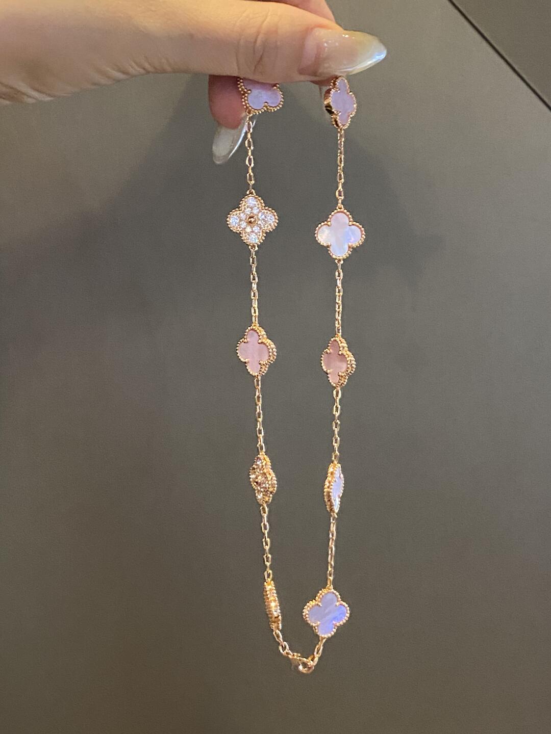 [Rosla]CLOVER 10 MOTIFS DIAMOND PINK MOP NECKLACE