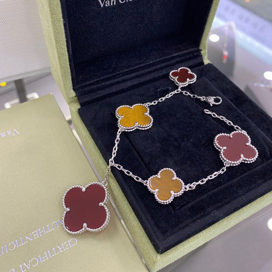 [Rosla]CLOVER 5 MOTIFS SIVLER CARNELIAN TIGER EYE BRACELET