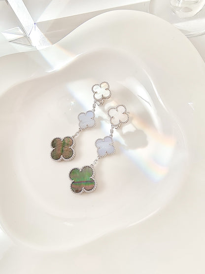 [Rosla]CLOVER 3 MOTIFS CHALCEDONY DARK MOP SILVER EARRINGS