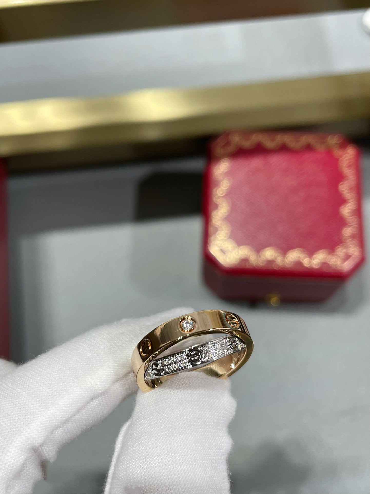 [Rosla]LOVE PINK GOLD SILVER DIAMOND DOUBLE RING