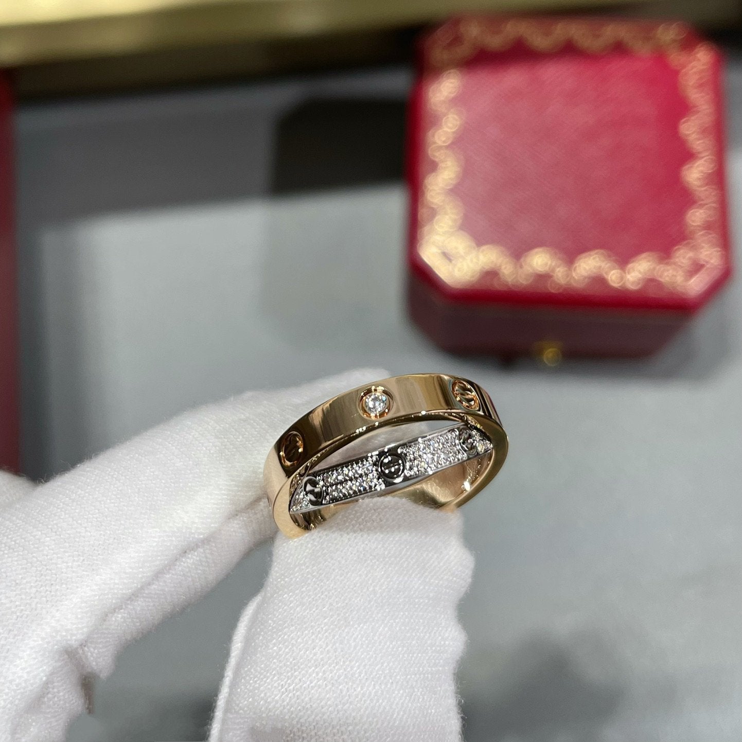 [Rosla]LOVE PINK GOLD SILVER DIAMOND DOUBLE RING