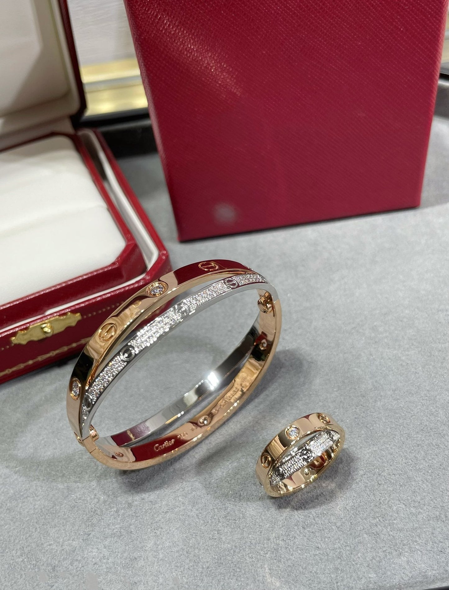 [Rosla]LOVE PINK GOLD SILVER DIAMOND DOUBLE RING