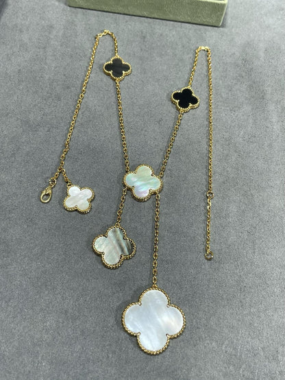 [Rosla]CLOVER 6 MOTIF MOP ONYX GOLD NECKLACE