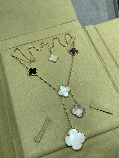 [Rosla]CLOVER 6 MOTIF MOP ONYX GOLD NECKLACE