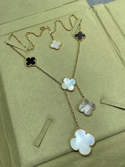 [Rosla]CLOVER 6 MOTIF MOP ONYX GOLD NECKLACE