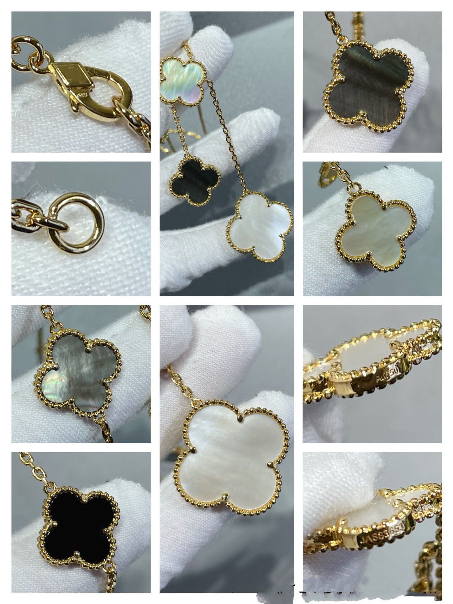 [Rosla]CLOVER 6 MOTIF MOP ONYX GOLD NECKLACE