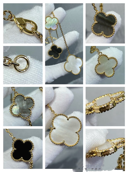 [Rosla]CLOVER 6 MOTIF MOP ONYX GOLD NECKLACE