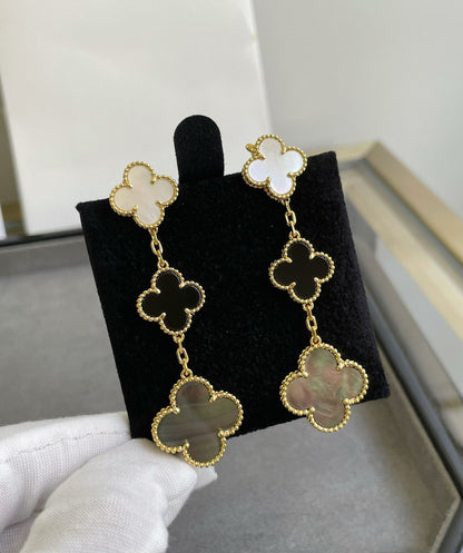 [Rosla]CLOVER 3 MOTIF MOP ONYX DARK MOP PINK GOLD EARRINGS