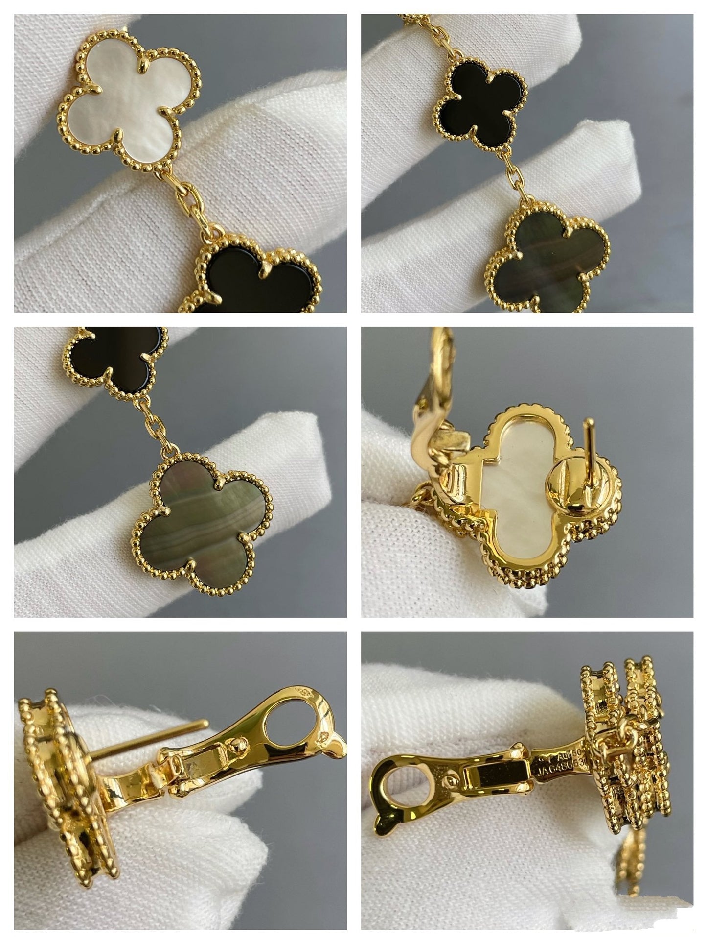 [Rosla]CLOVER 3 MOTIF MOP ONYX DARK MOP PINK GOLD EARRINGS