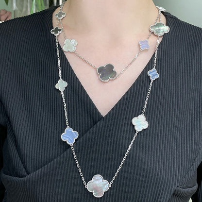 [Rosla]CLOVER 16 MOTIF CHALCEDONY MOP SILVER NECKLACE