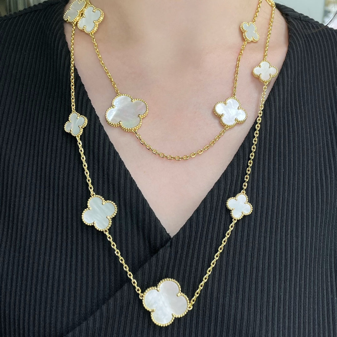[Rosla]CLOVER 16 MOTIF WHITE MOP GOLD NECKLACE