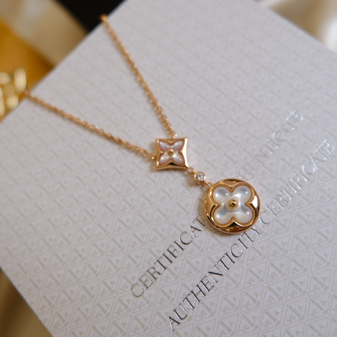 [Rosla]STAR AND SUN WHITE MOP 2 MOTIF PINK GOLD NECKLACE