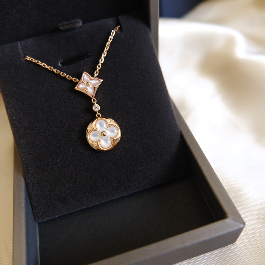 [Rosla]STAR AND SUN WHITE MOP 2 MOTIF PINK GOLD NECKLACE