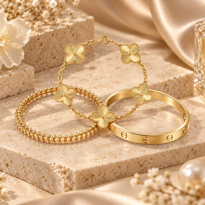 [Rosla] CLASH & Clover Laser 5-Motif & LOVE Brushed Bracelet Stack Set