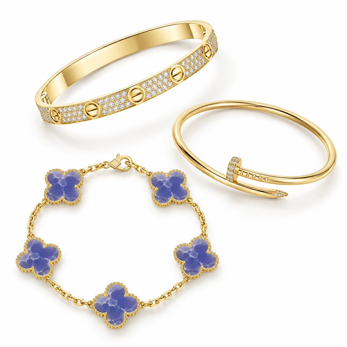 [Rosla] LOVE & JUSTE & Blue Veins Clover 5-Motif Diamond Bracelet Stack Set
