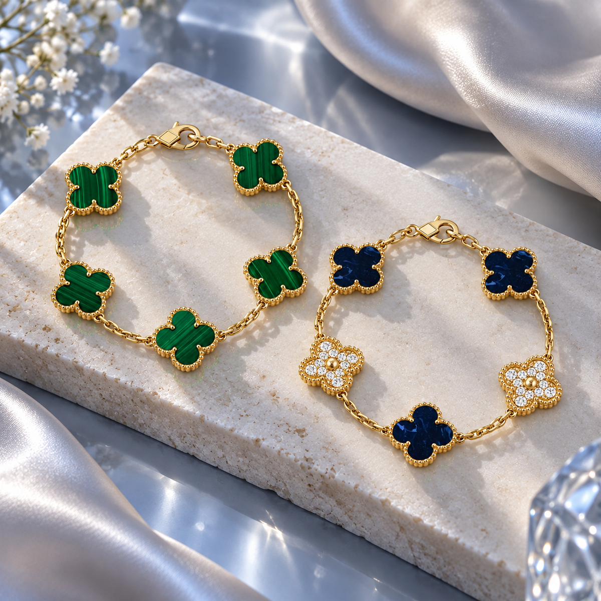 [Rosla]Clover 5-Motif Malachite & Pietersite Bracelet Stack Set