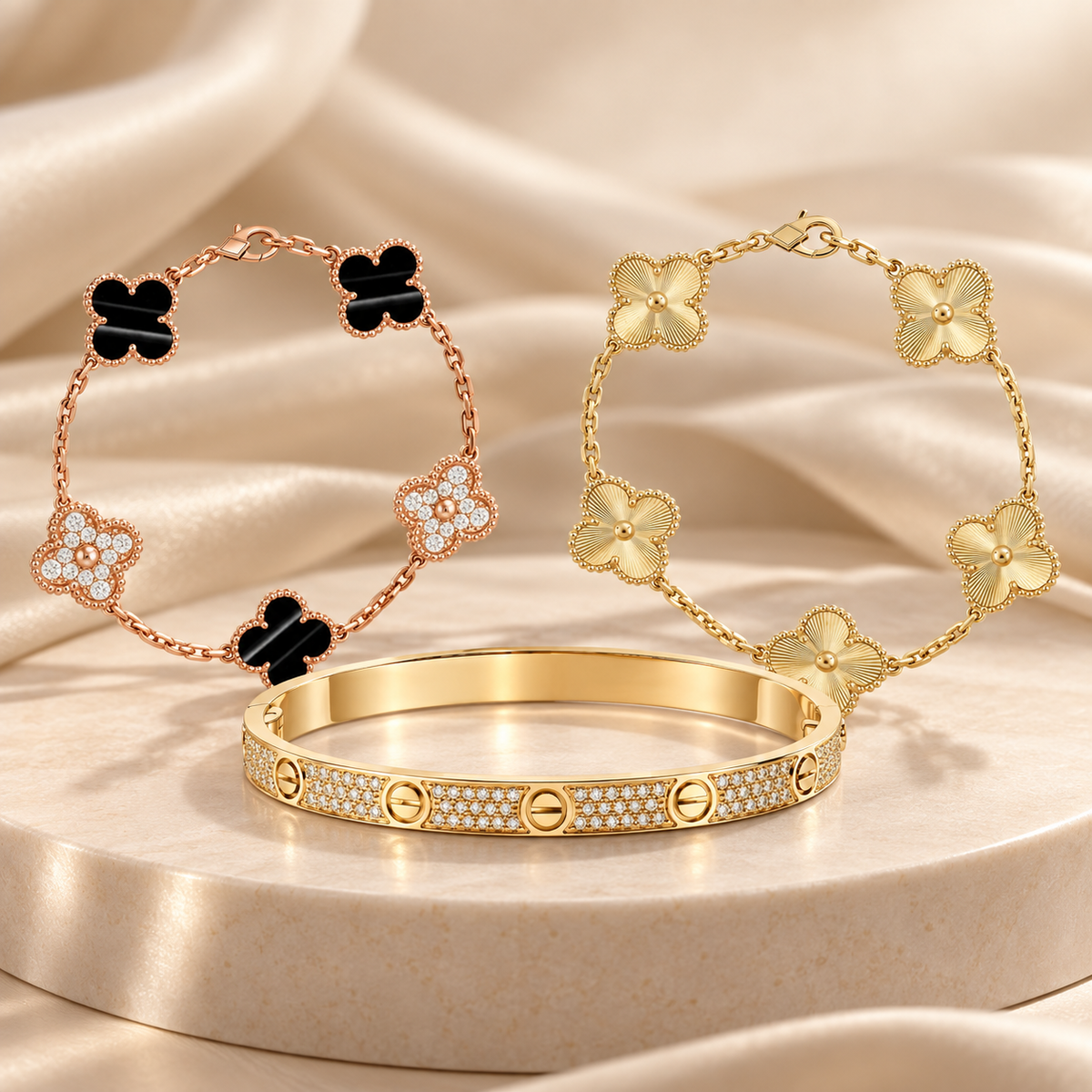 [Rosla]Clover Laser  Pulsar Stone 5-Motif & LOVE Diamond-Paved Bracelet Stack Set