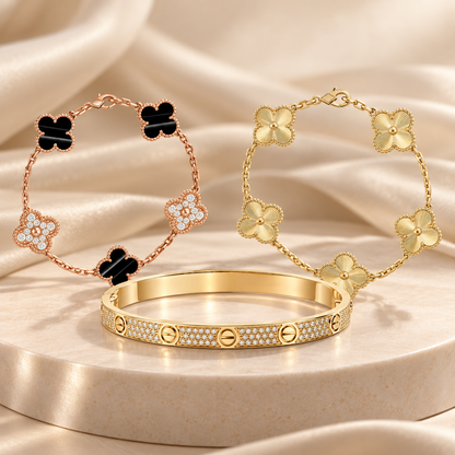 [Rosla]Clover Laser  Pulsar Stone 5-Motif & LOVE Diamond-Paved Bracelet Stack Set