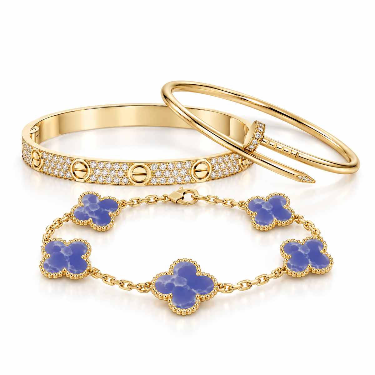 [Rosla] LOVE & JUSTE & Blue Veins Clover 5-Motif Diamond Bracelet Stack Set