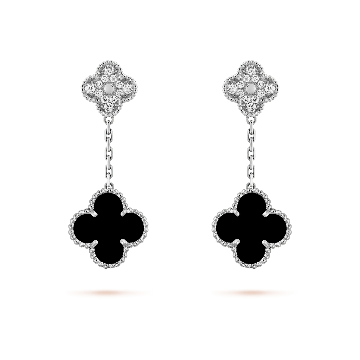 [Rosla]CLOVER 2 MOTIFS  DIAMOND ONYX EARRINGS SILVER