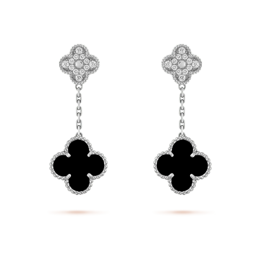 [Rosla]CLOVER 2 MOTIFS  DIAMOND ONYX EARRINGS SILVER