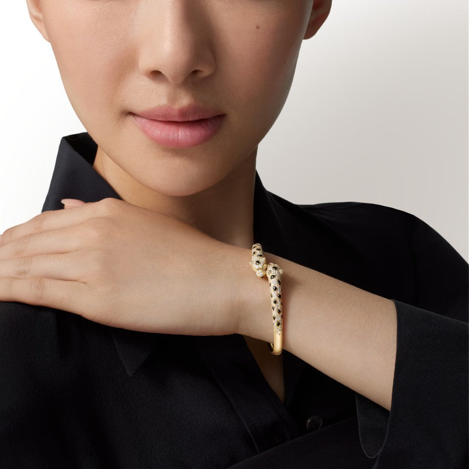 [Rosla]PANTHERE DOUBLE HEADED HALF DIAMOND OPEN BRACELET
