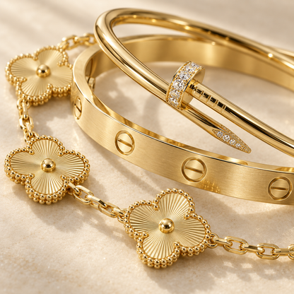 [Rosla] Clover & Love & Juste 3-Piece Gold Bracelet Stack Set