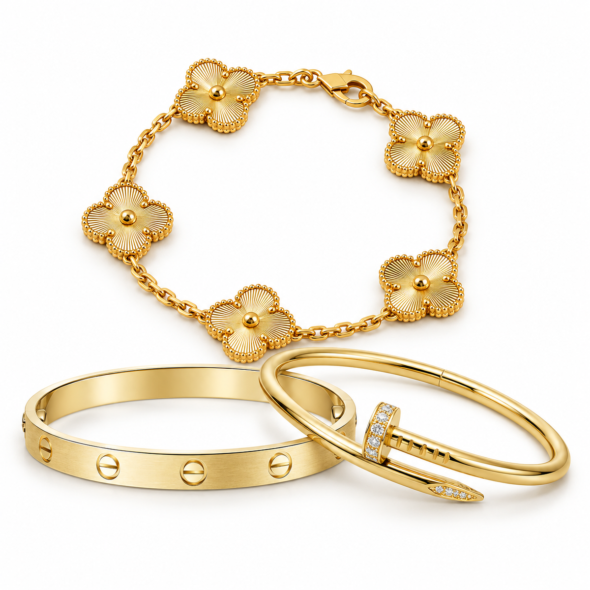 [Rosla] Clover & Love & Juste 3-Piece Gold Bracelet Stack Set