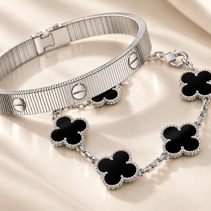 [Rosla]Clover & Love Sliver 2-Piece Bracelet Stack Set