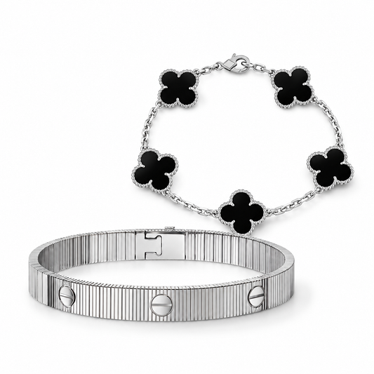 [Rosla]Clover & Love Sliver 2-Piece Bracelet Stack Set