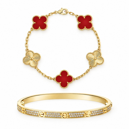 [Rosla]Clover & Love Diamond-Paved Radiant Line 2-Piece Bracelet Stack Set