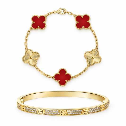 [Rosla]Clover & Love Diamond-Paved Radiant Line 2-Piece Bracelet Stack Set
