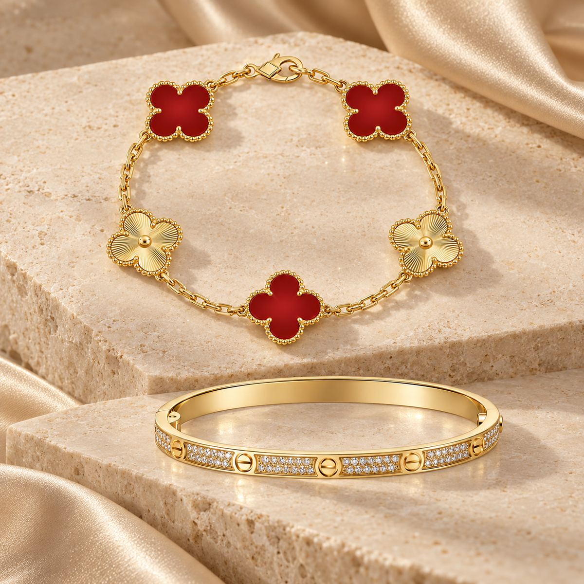[Rosla]Clover & Love Diamond-Paved Radiant Line 2-Piece Bracelet Stack Set