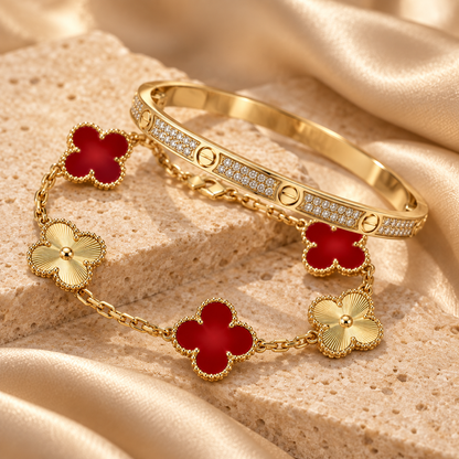 [Rosla]Clover & Love Diamond-Paved Radiant Line 2-Piece Bracelet Stack Set