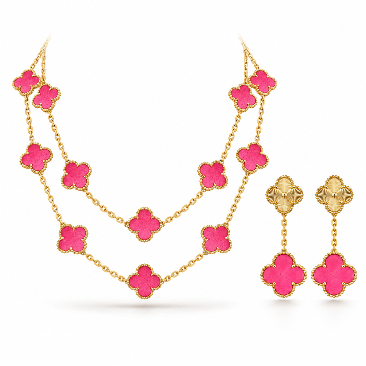 [Rosla]Clover Pink Enamel Necklace & Earring Jewelry Set