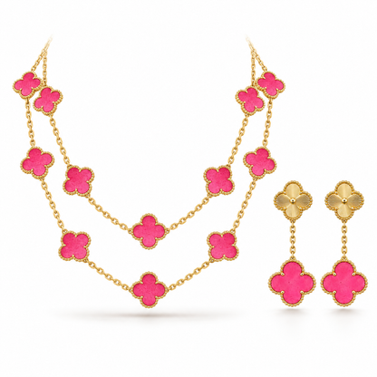 [Rosla]Clover Pink Enamel Necklace & Earring Jewelry Set