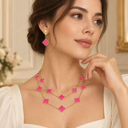 [Rosla]Clover Pink Enamel Necklace & Earring Jewelry Set
