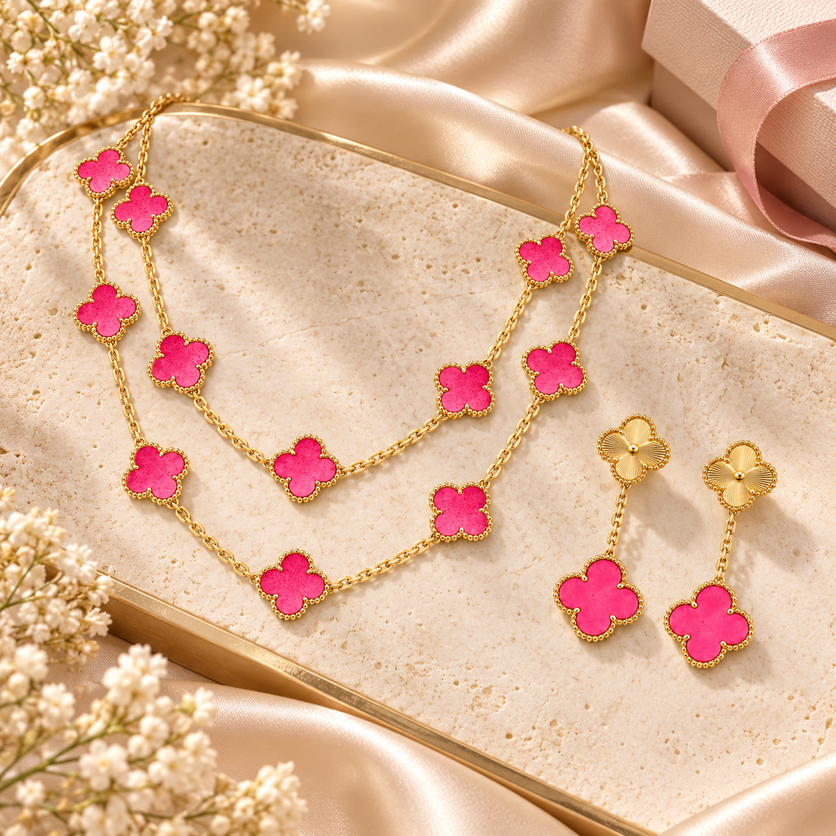 [Rosla]Clover Pink Enamel Necklace & Earring Jewelry Set