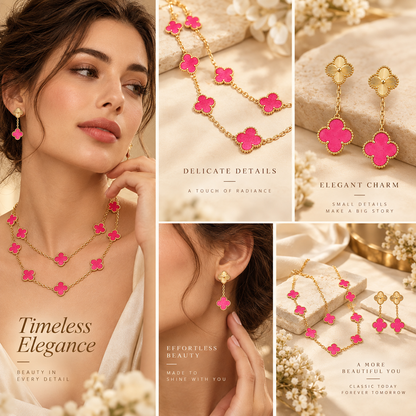 [Rosla]Clover Pink Enamel Necklace & Earring Jewelry Set