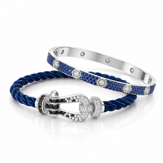 [Rosla]Pave Gemstone Love &Force Large Horseshoe Diamond Duo Bracelet Stack Set