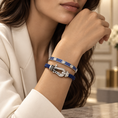 [Rosla]Pave Gemstone Love &Force Large Horseshoe Diamond Duo Bracelet Stack Set