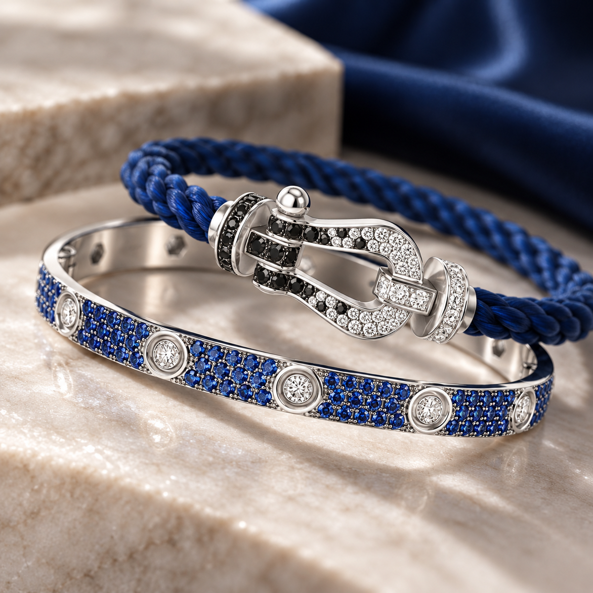 [Rosla]Pave Gemstone Love &Force Large Horseshoe Diamond Duo Bracelet Stack Set