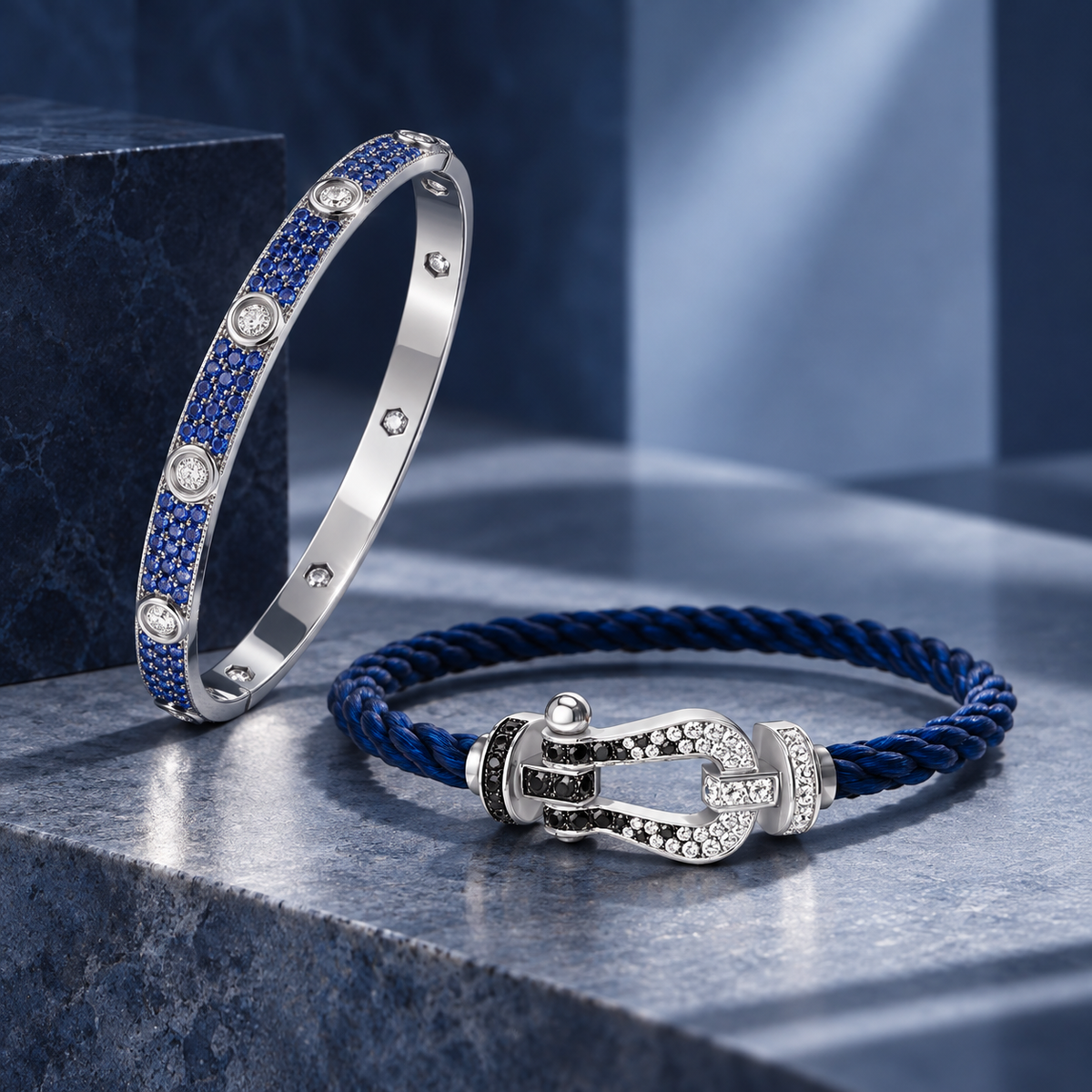 [Rosla]Pave Gemstone Love &Force Large Horseshoe Diamond Duo Bracelet Stack Set