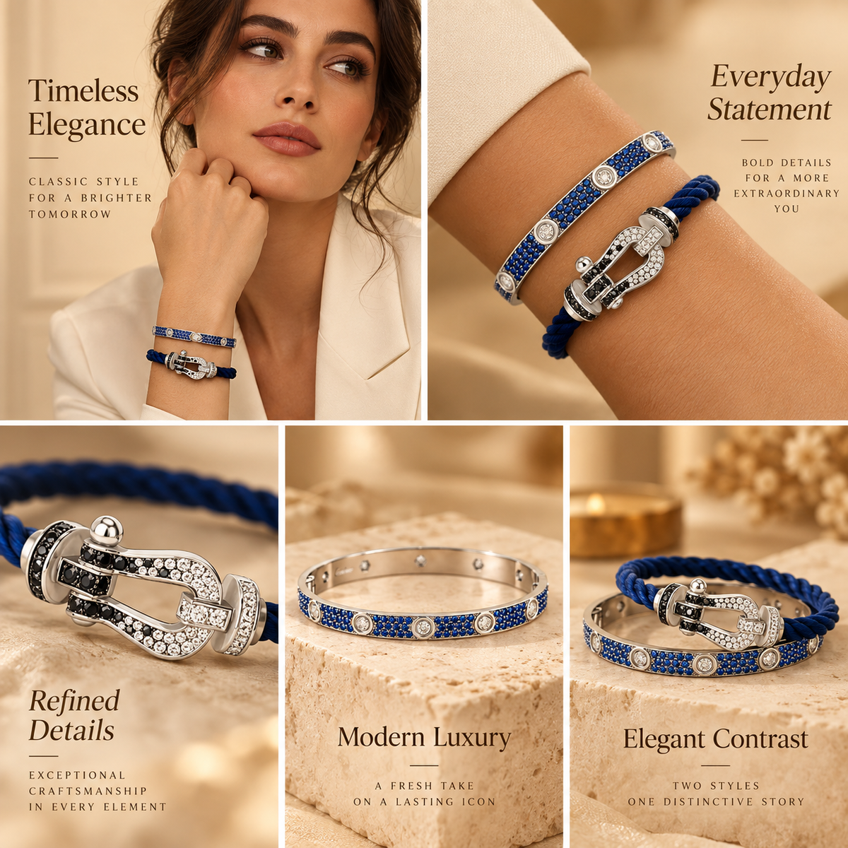 [Rosla]Pave Gemstone Love &Force Large Horseshoe Diamond Duo Bracelet Stack Set