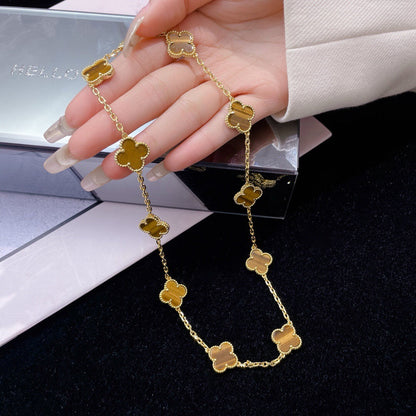 [Rosla]CLOVER 10 MOTIFS TIGER EYE NECKLACE