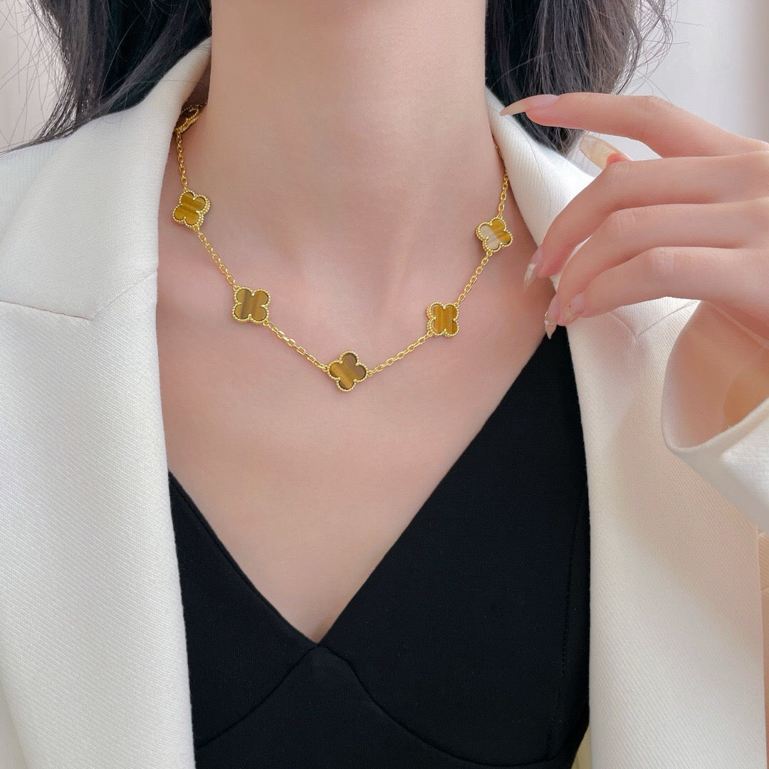 [Rosla]CLOVER 10 MOTIFS TIGER EYE NECKLACE