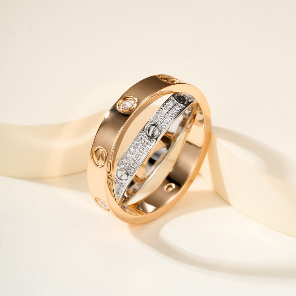 [Rosla]LOVE PINK GOLD SILVER DIAMOND DOUBLE RING